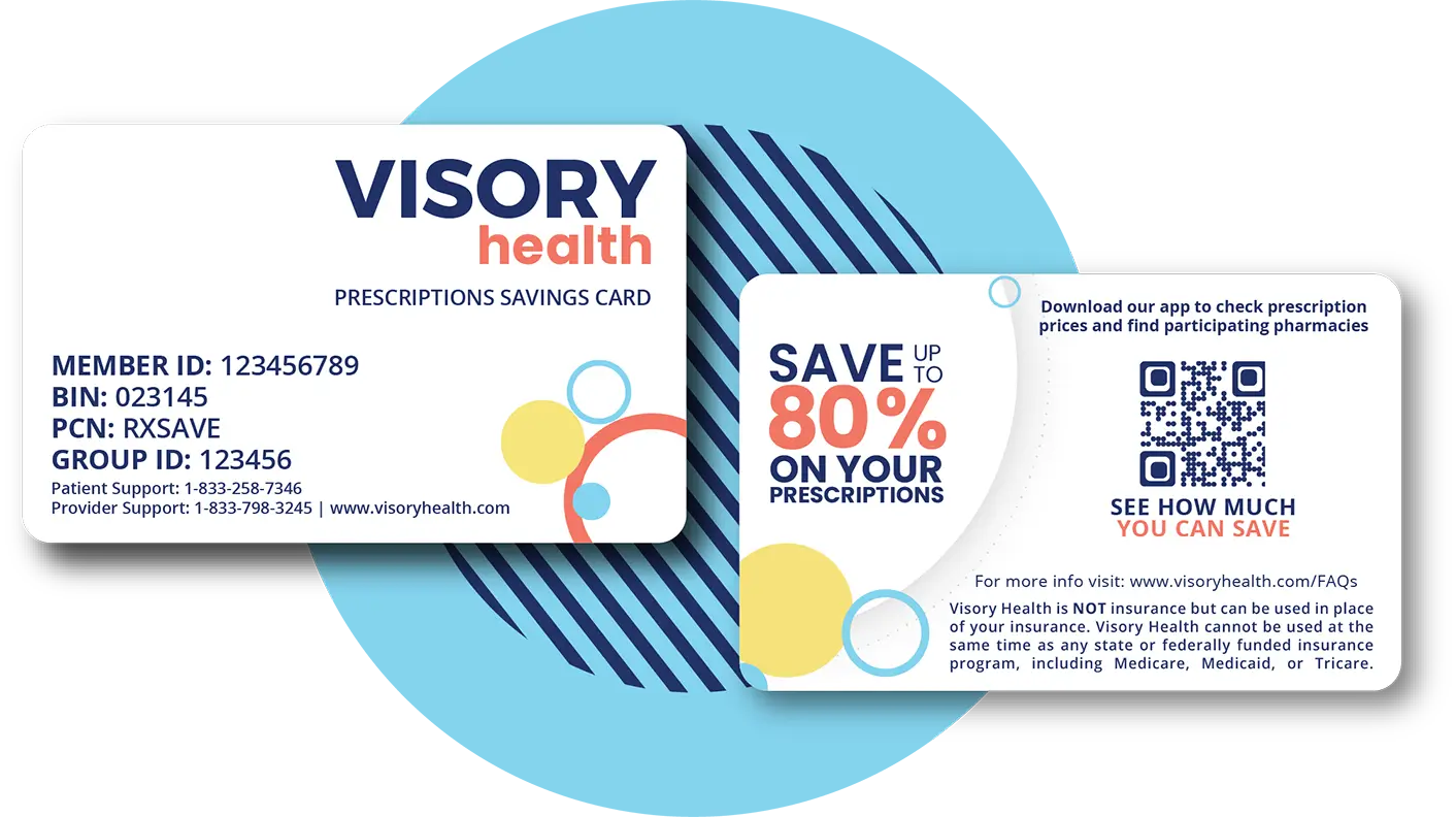 Visory Health Prescription Savings Card Front & Back on blue circle